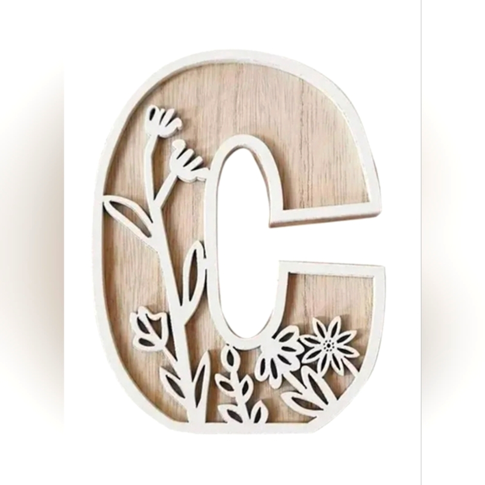 C Wood Flower Stand Decor Wooden White Rustic Farmhouse Floral Carved 3D Letter
